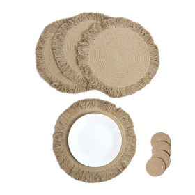 Braided Cotton Placemats 15 Inch Set of 4 with 4 Free Coasters Washable Anti Slip Heat Resistant Mats Boho Woven Round Table Mats for House Decor