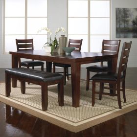 Contemporary 6pc Dining Set 18" Extendable Leaf Table Leather Look Polyurethane PU Fabric Upholstered Chair Bench Seats Brown Finish Wooden Solid